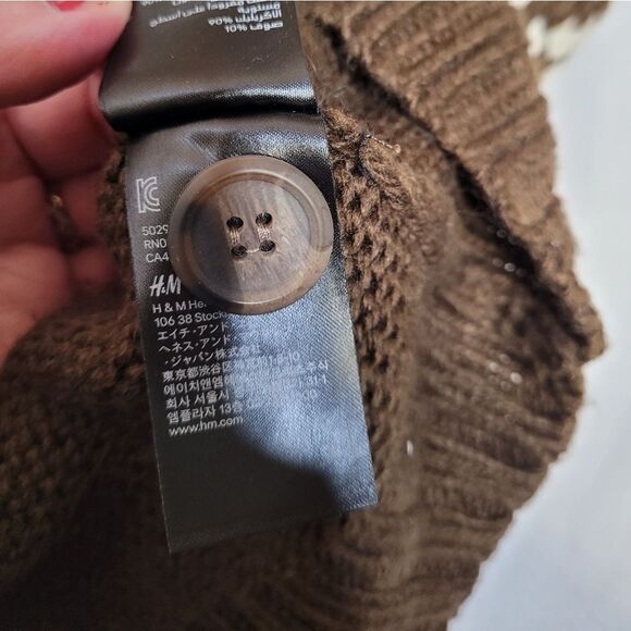 CHANEL IMAN x H&M brown fair isle nordic button up hooded cardigan sweater S - Picture 9 of 12